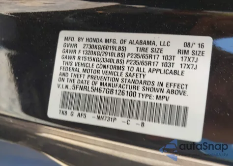 2016 Honda Odyssey Ex-L z USA, uszkodzony, nr VIN 5FNRL5H67GB126100